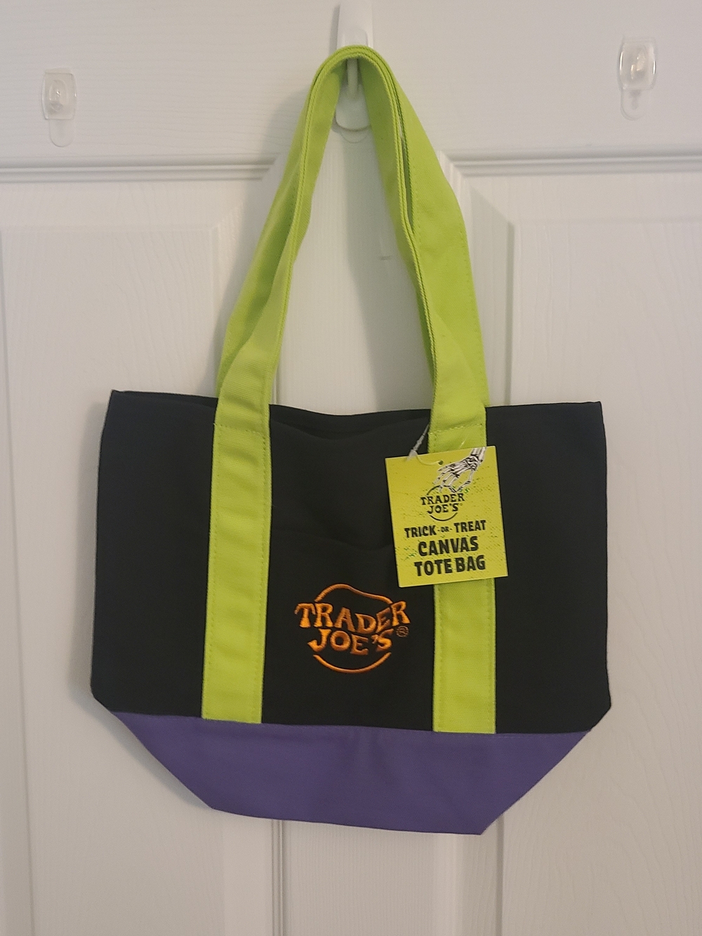 Trader Joe's Black Canvas Tote with Lime Handles and Purple Base